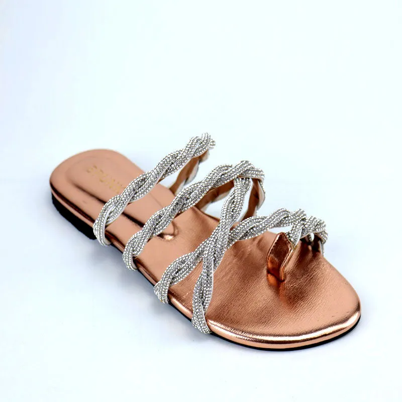 Vibrant Toe Ring Flats Twisted Braid Shiny Casual Slippers