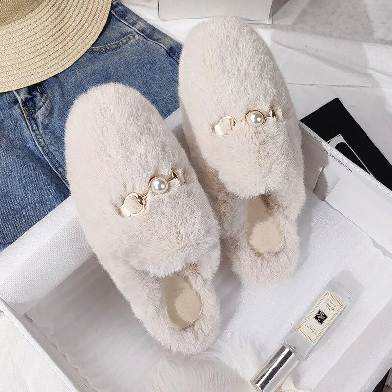Winter Women House Slippers Furry Outer Wearing Flats Loafers Slip on Flats  furry slippers