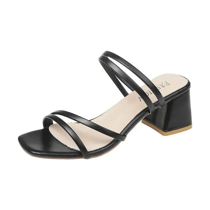 Women Sandals Ladies Square Heels Elegant Summer Slippers Outside Cross Tied Leather Female Slides Fashion Woman Sandals