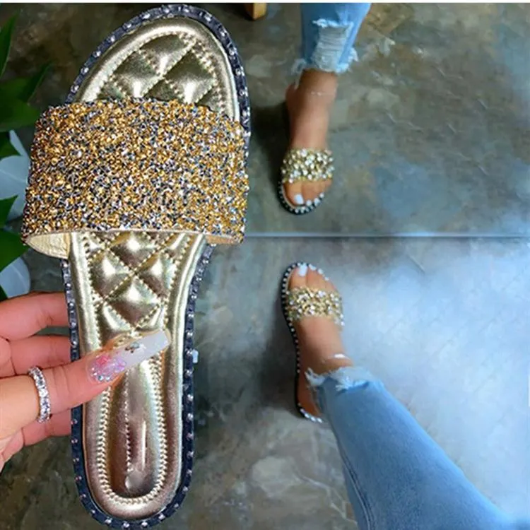 Women's peep toe flat rhinestone slides soft comfy walking candy color slides
